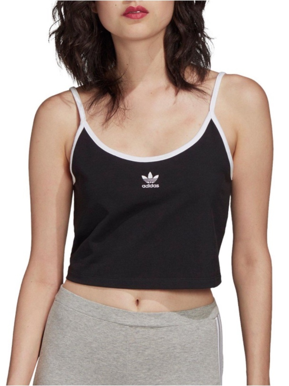 adidas Black Crop Tank Top White Trim Embroidered Trefoil Logo Womens XS - Picture 6 of 8